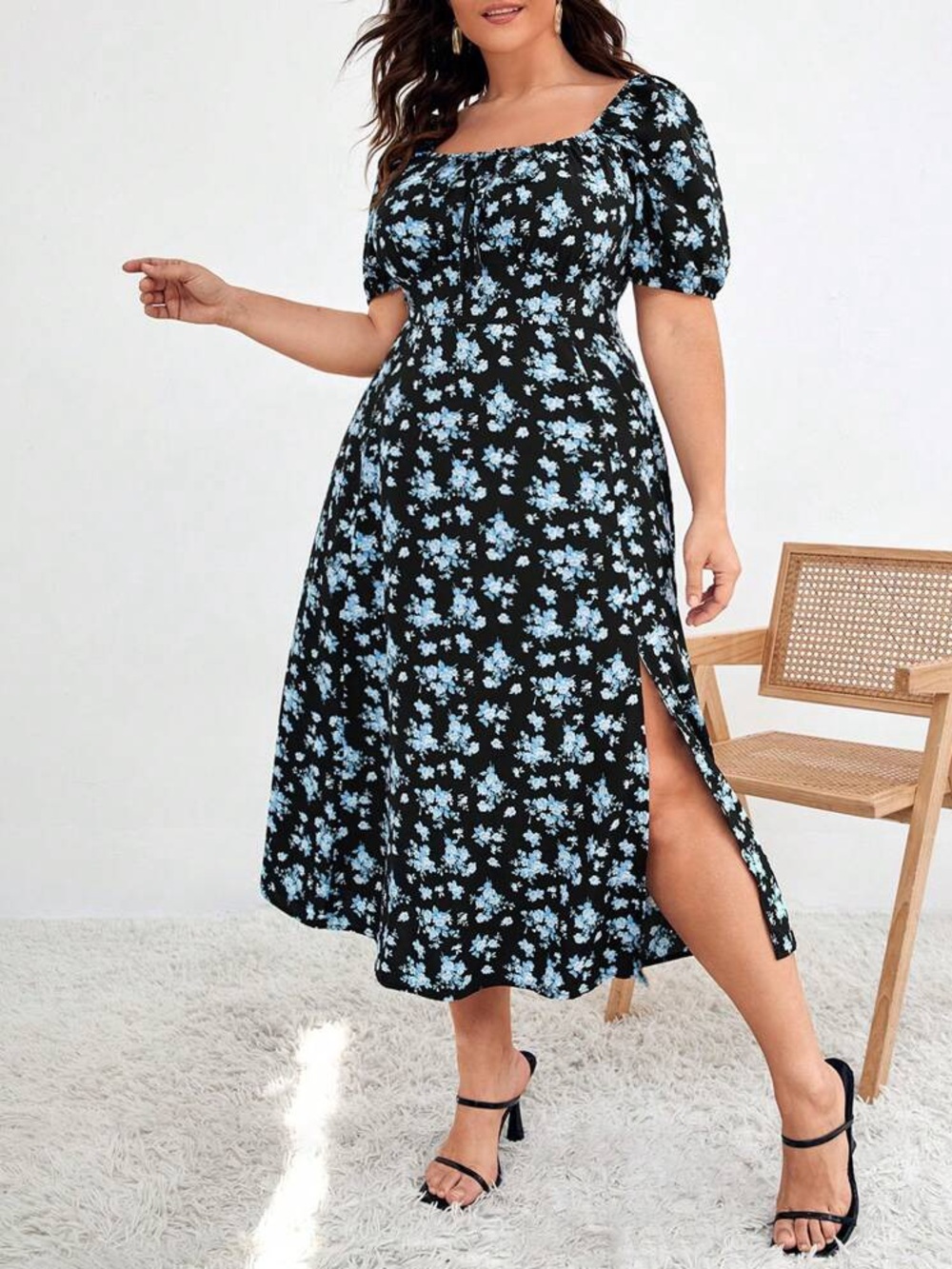SHEIN Black Midi Dress with Light Blue Floral Print and Side Slit